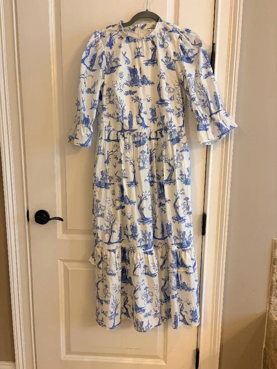 Meadows blue and white toile dress, excellent used condition, XS, US 2, pockets - Picture 2 of 7